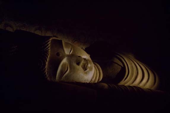 Stucco statue of the Nirvāṇa Buddha,  Mogao Cave 158, Mid Tang Dynasty